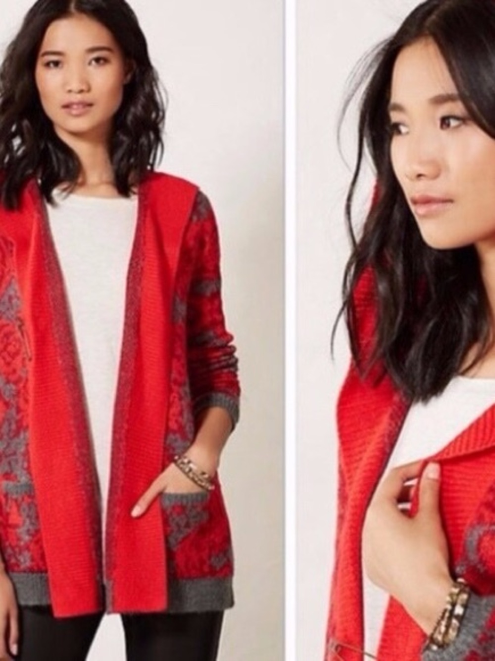 Anthropologie Sparrow Maraschino Red Floral Wool Hooded Cardigan - Picture 6 of 8